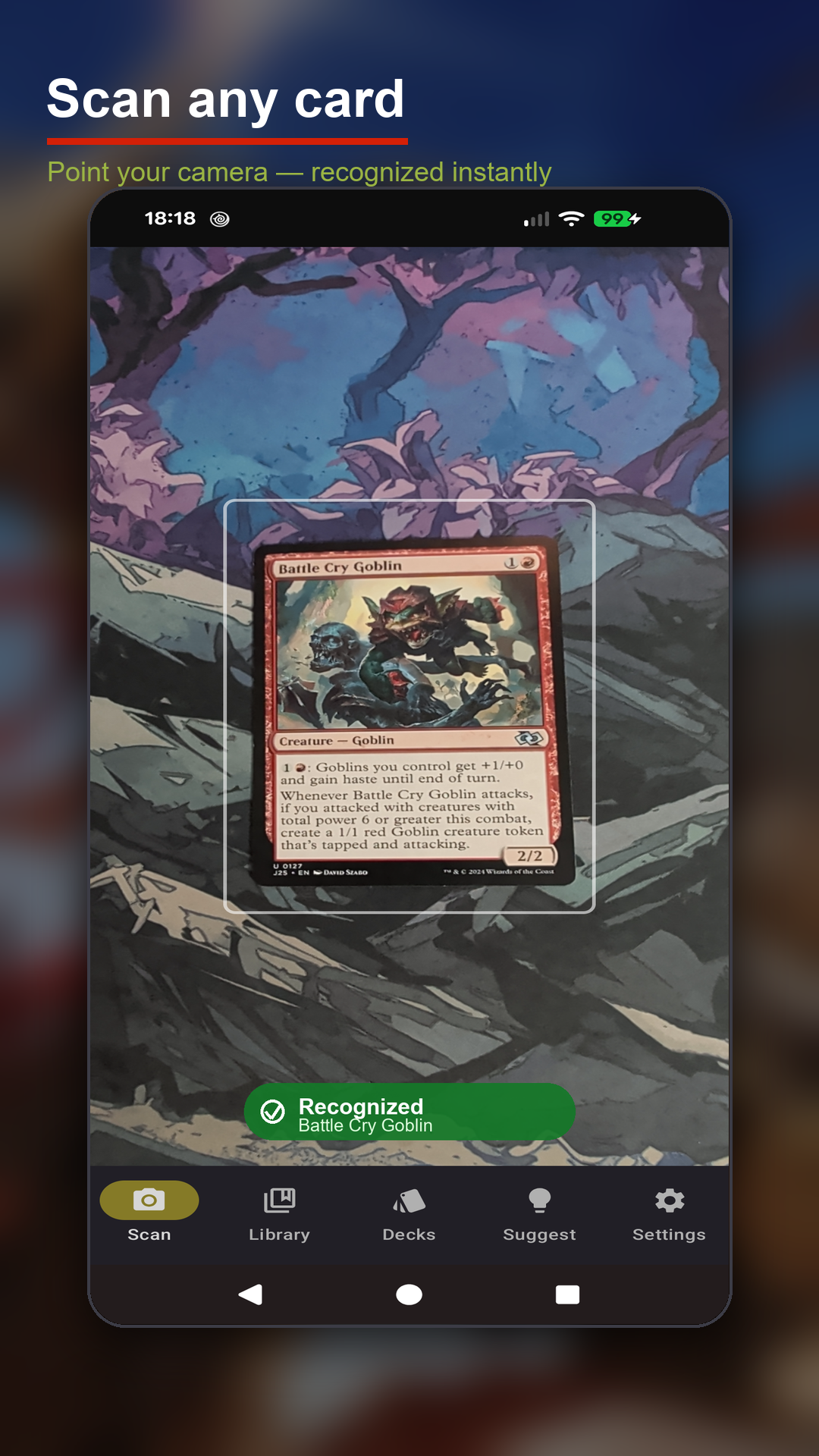 Scanning a Magic card with the camera — recognized instantly