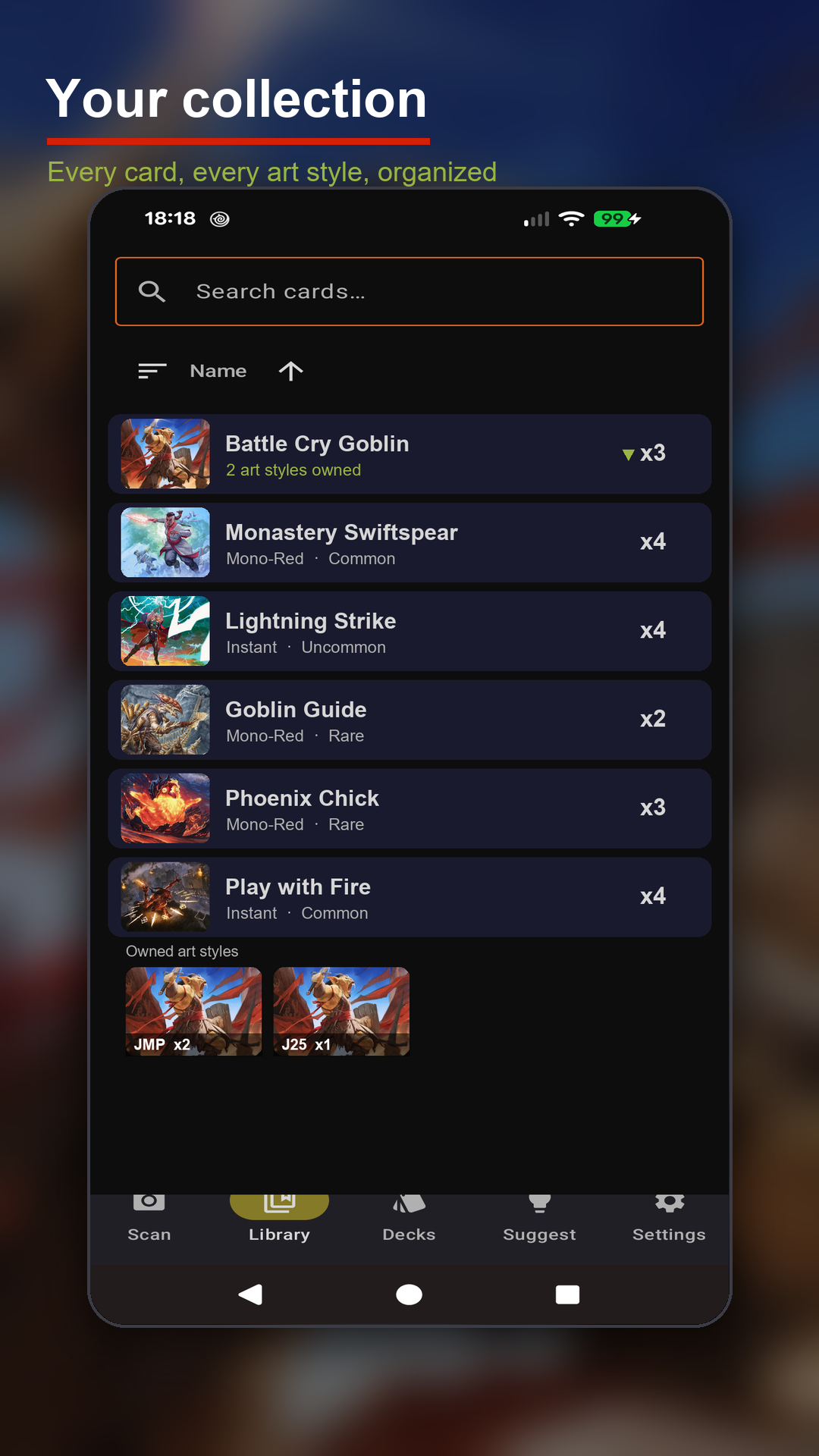 Card collection library grouped by name with owned art styles