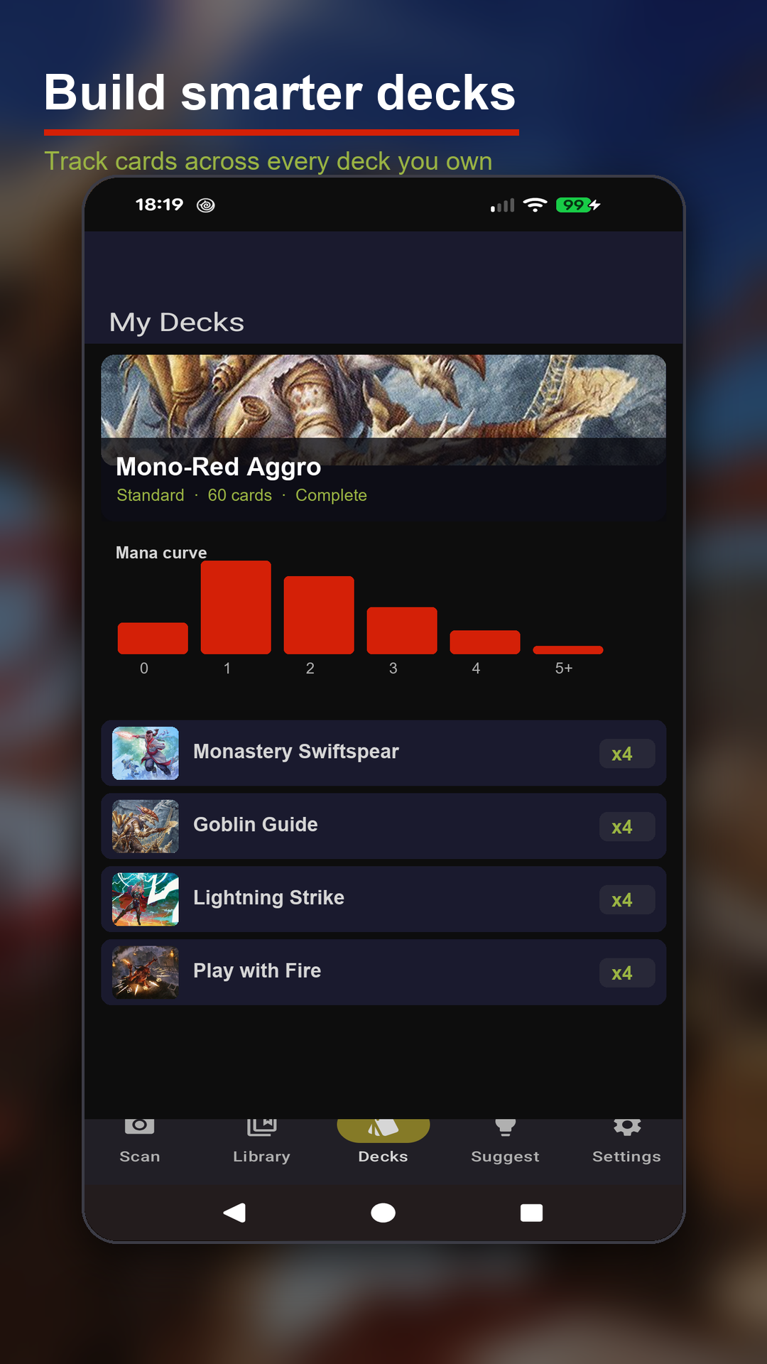 A built deck with mana curve and card list